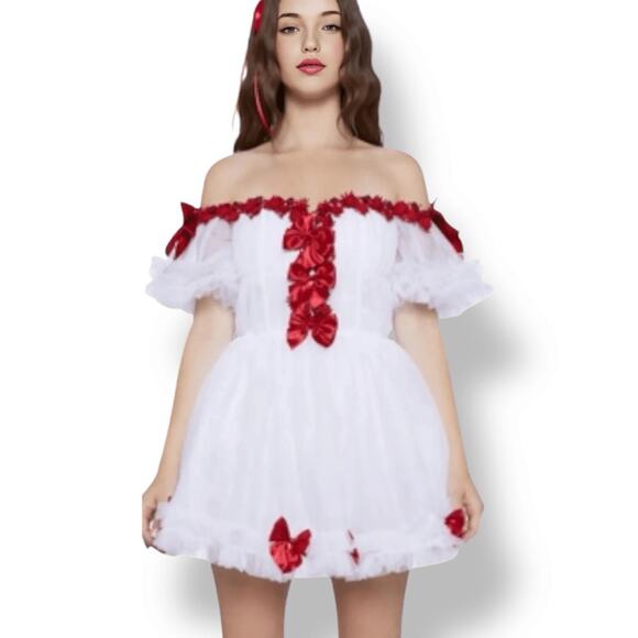 Sugar Thrillz Red Bow Detail Baby Dress White Ruffle Tulle Mini Party Medium - Picture 11 of 11